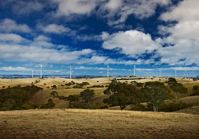 Image: The Gunning Wind Farm in NSW, completed by Acciona Energy in 2011, has an electrical substation, access tracks to each of the 31 turbines, an operation and maintenance facility, and 17.4km of underground cabling. 